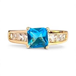 18k Gold Plated Ring | 1.5 Ct Princess-Cut Blue Sapphire & Zircon